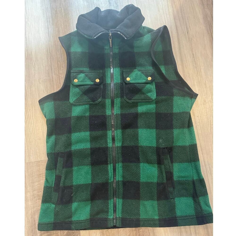 Chaps Denim Green Black Buffalo Plaid Fleece Zip Vest Women's Sm